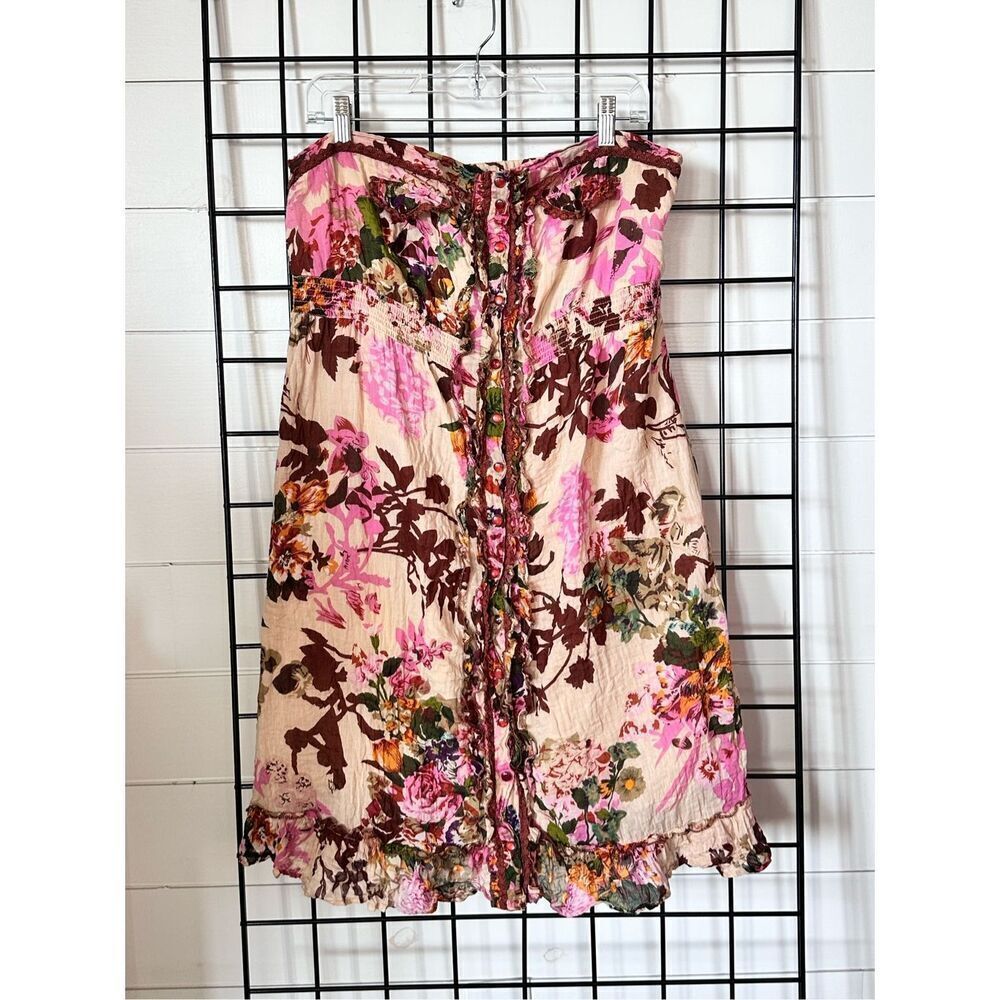 Anthropologie DeJa Vu Dress Womens L Multicolor Smocked Strapless Floral